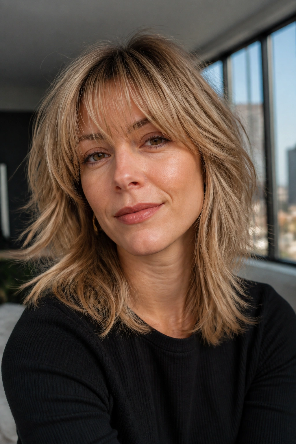 Portrait of a real woman with fine-hair shag and airy layers in a sunlit room.