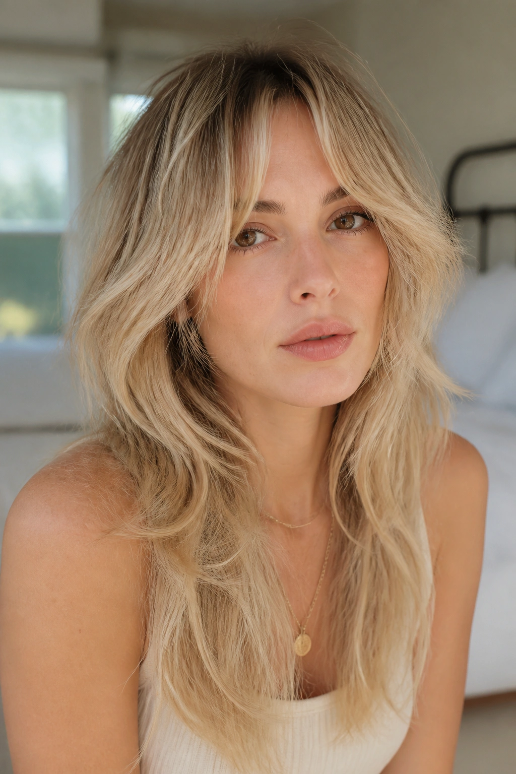 Close-up of a real person with fine hair styled in airy shag and soft layers
