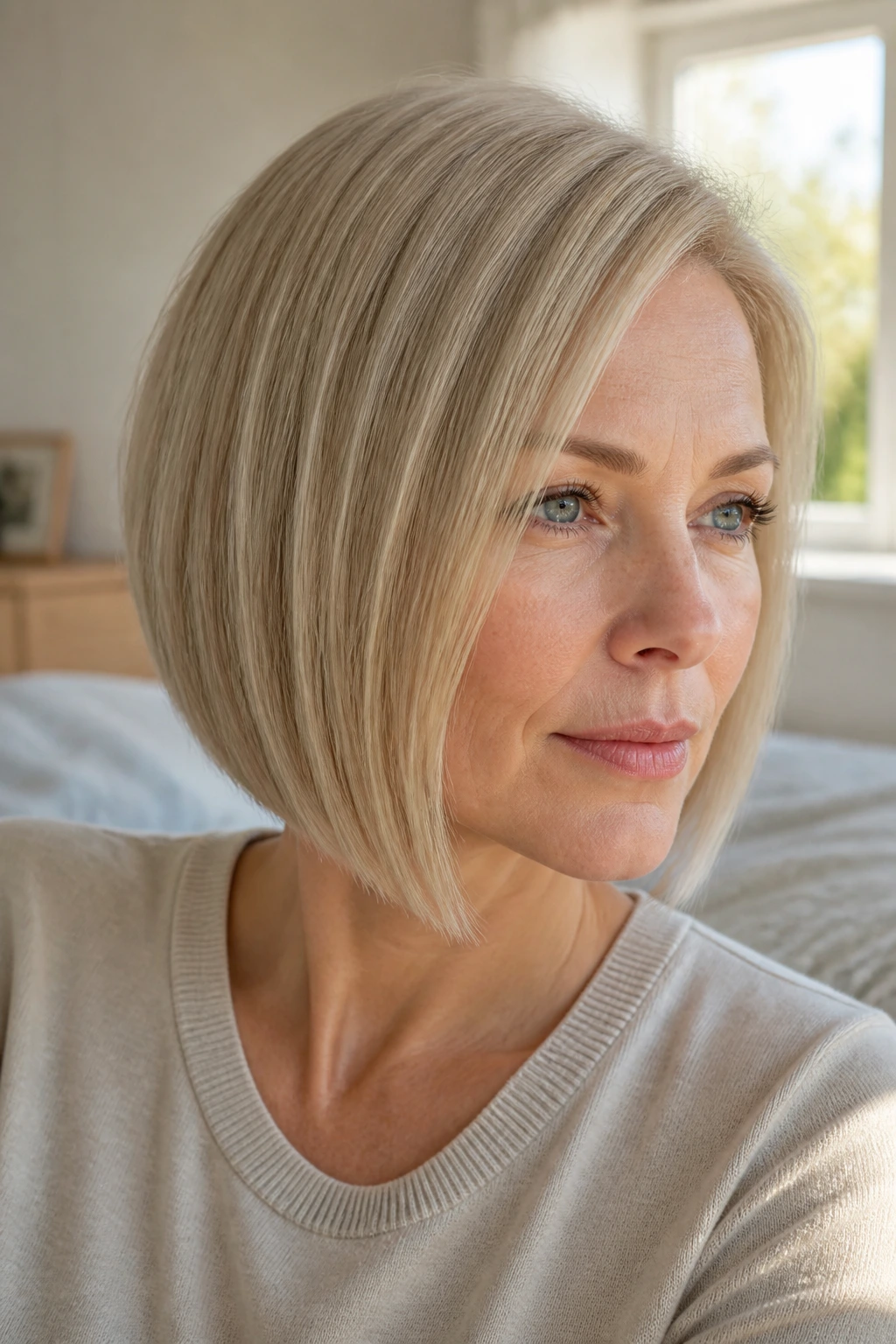 Close-up portrait of a real woman with a fine hair angled bob and a clean blunt edge.