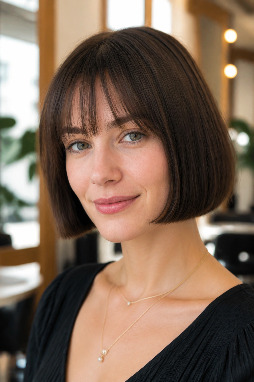 Close-up of real woman with fine-hair blunt-framed French bob