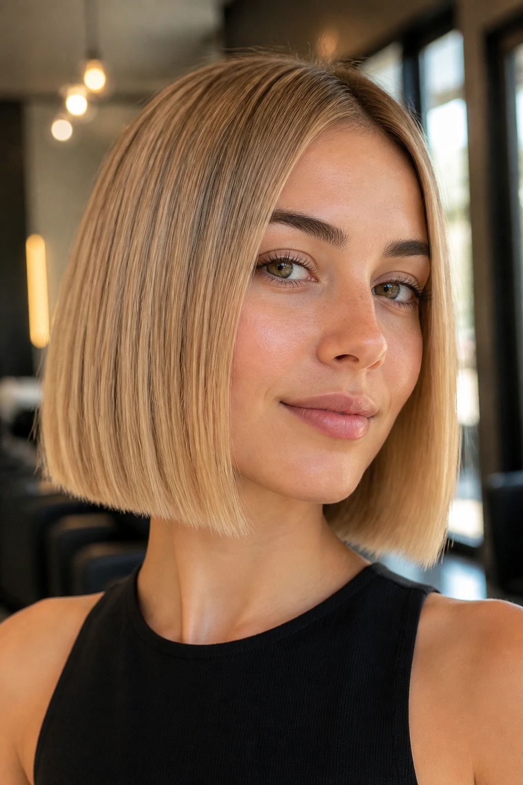 Close-up portrait of a real woman with a fine-hair blunt bob in a bright salon with dense-looking ends