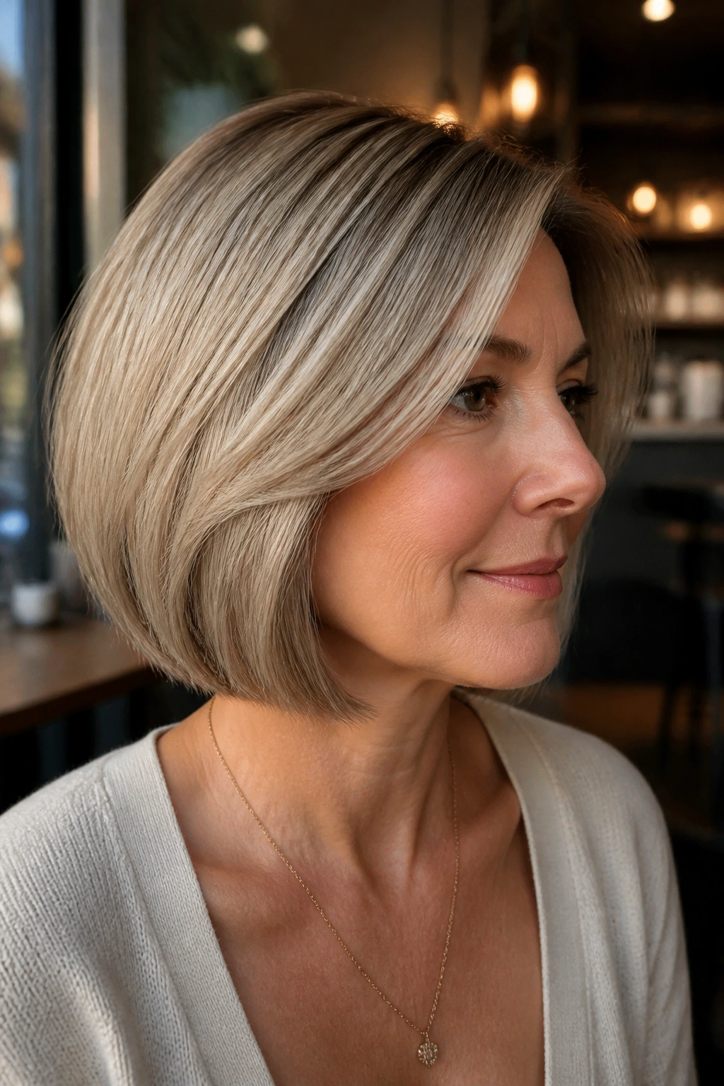 Portrait of real woman with fine hair and blunt-outlined layered bob