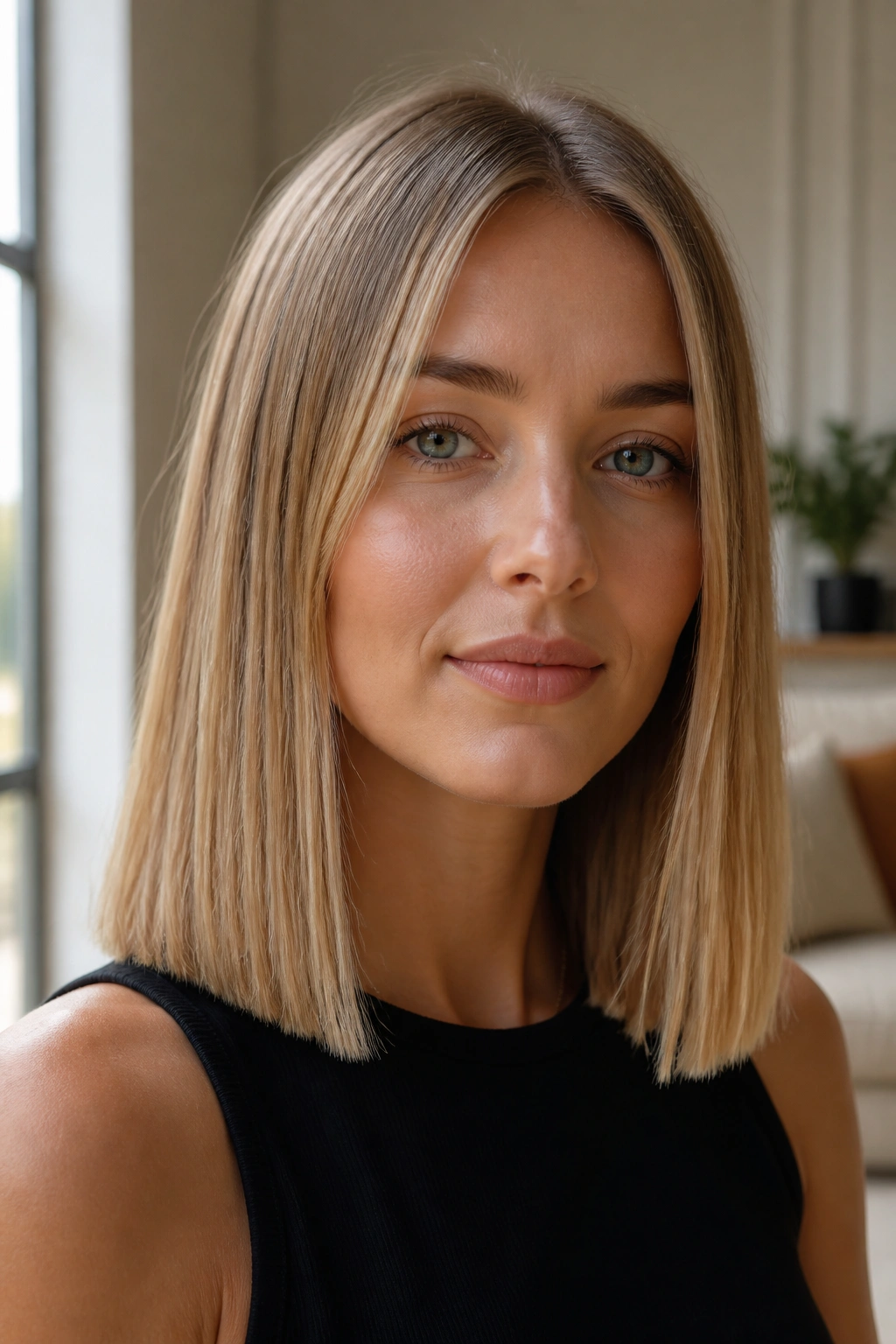 Portrait of a real woman with fine straight hair and blunt ends at shoulder