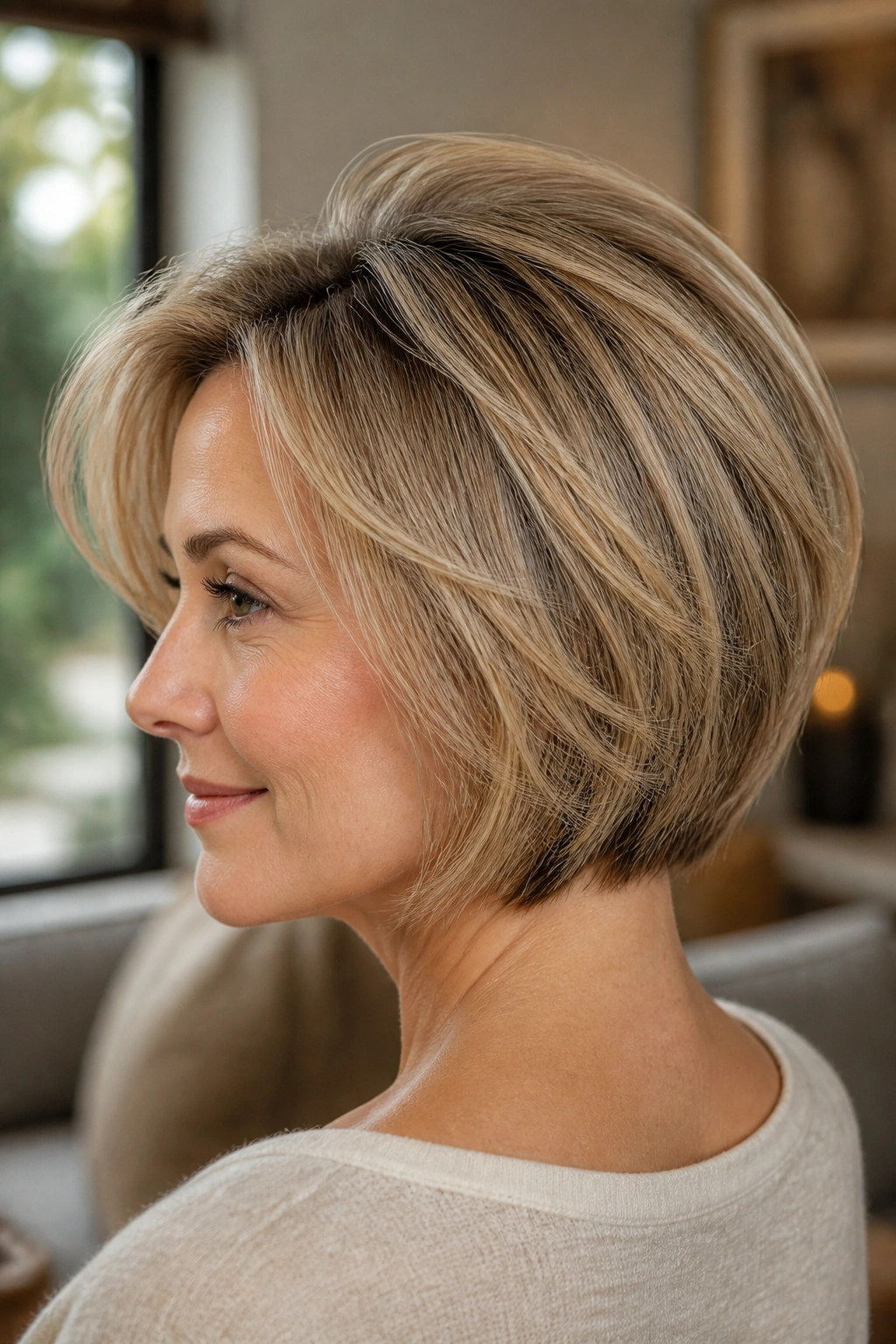 Close-up of a real woman with a fine-hair layered bob and crown lift, illuminated by natural window light