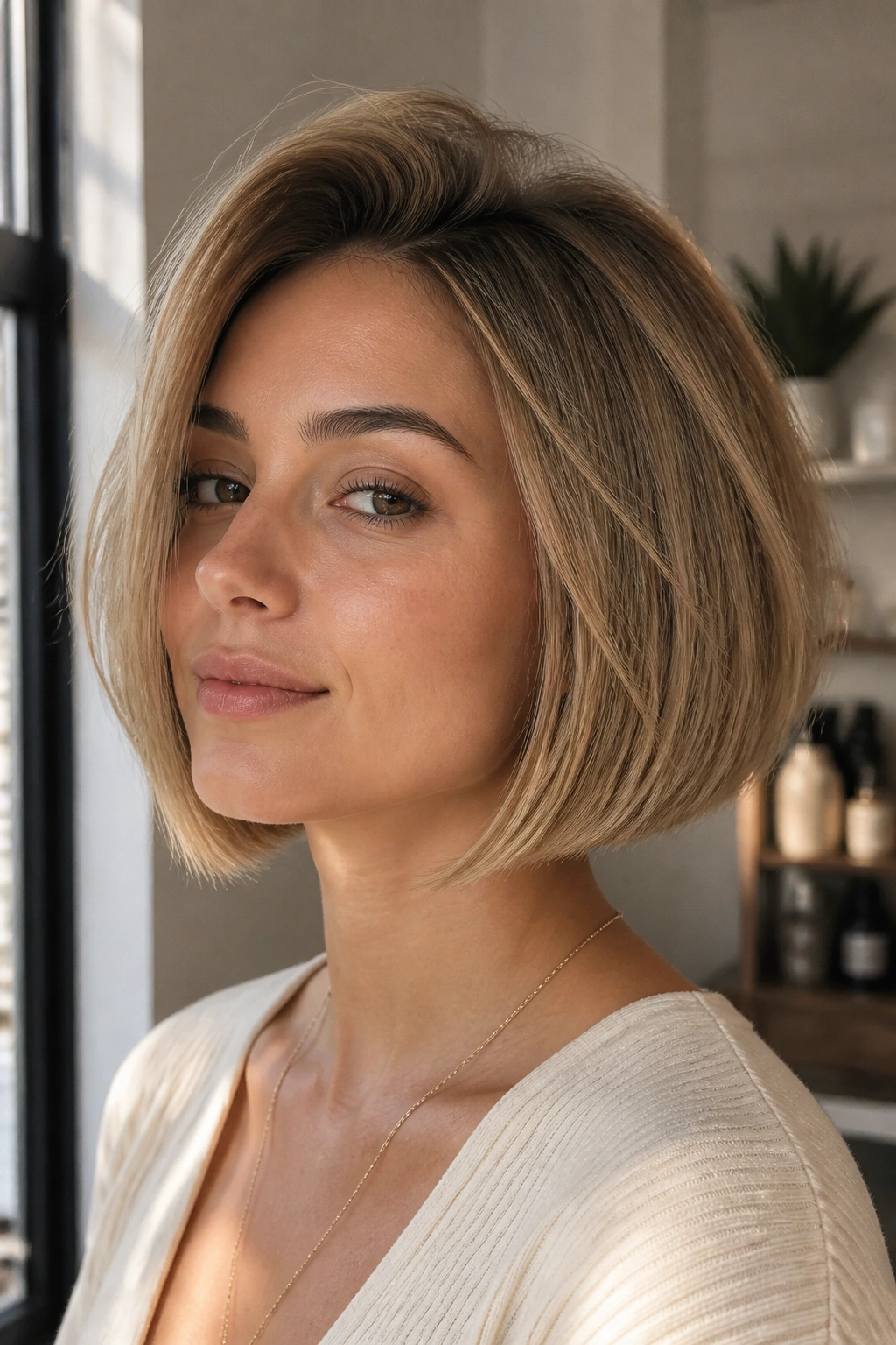 Fine-hair bob with root lift on a real woman showing crown volume.
