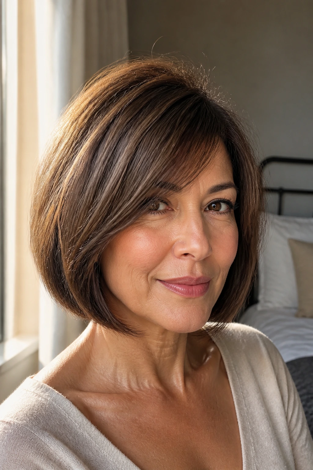 Real woman with chin-length bob and side bangs showing volume by window light
