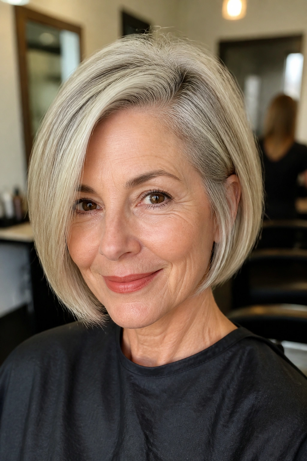 Close-up of a real woman with a deep side part in a fine-hair bob