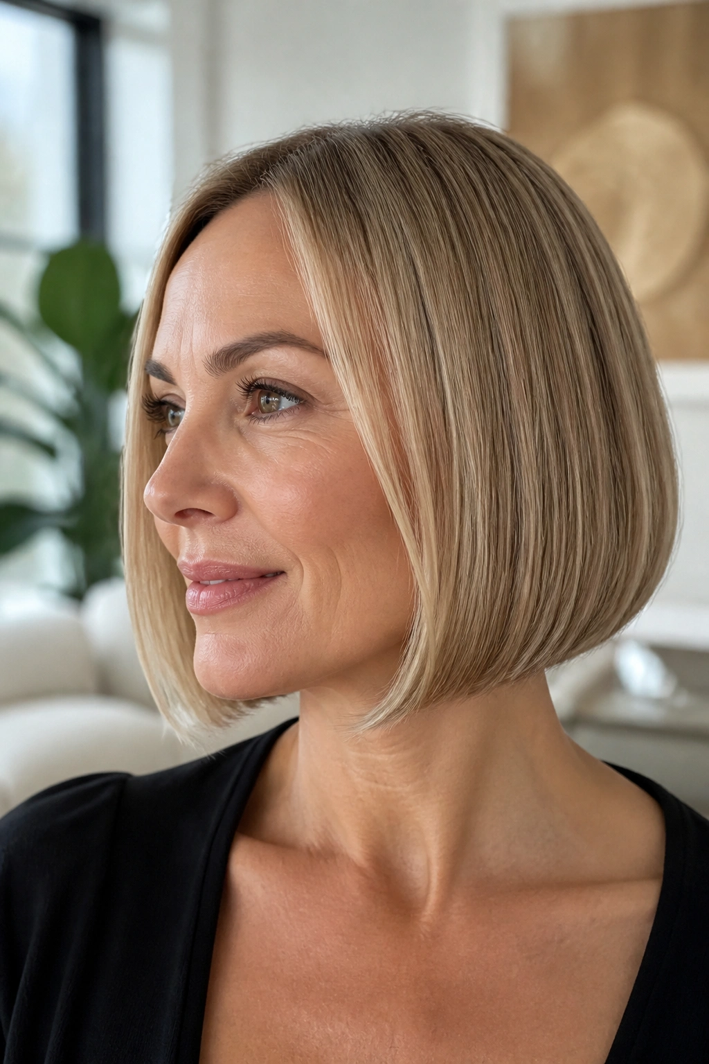 Close-up of a real woman with a solid perimeter fine-hair bob