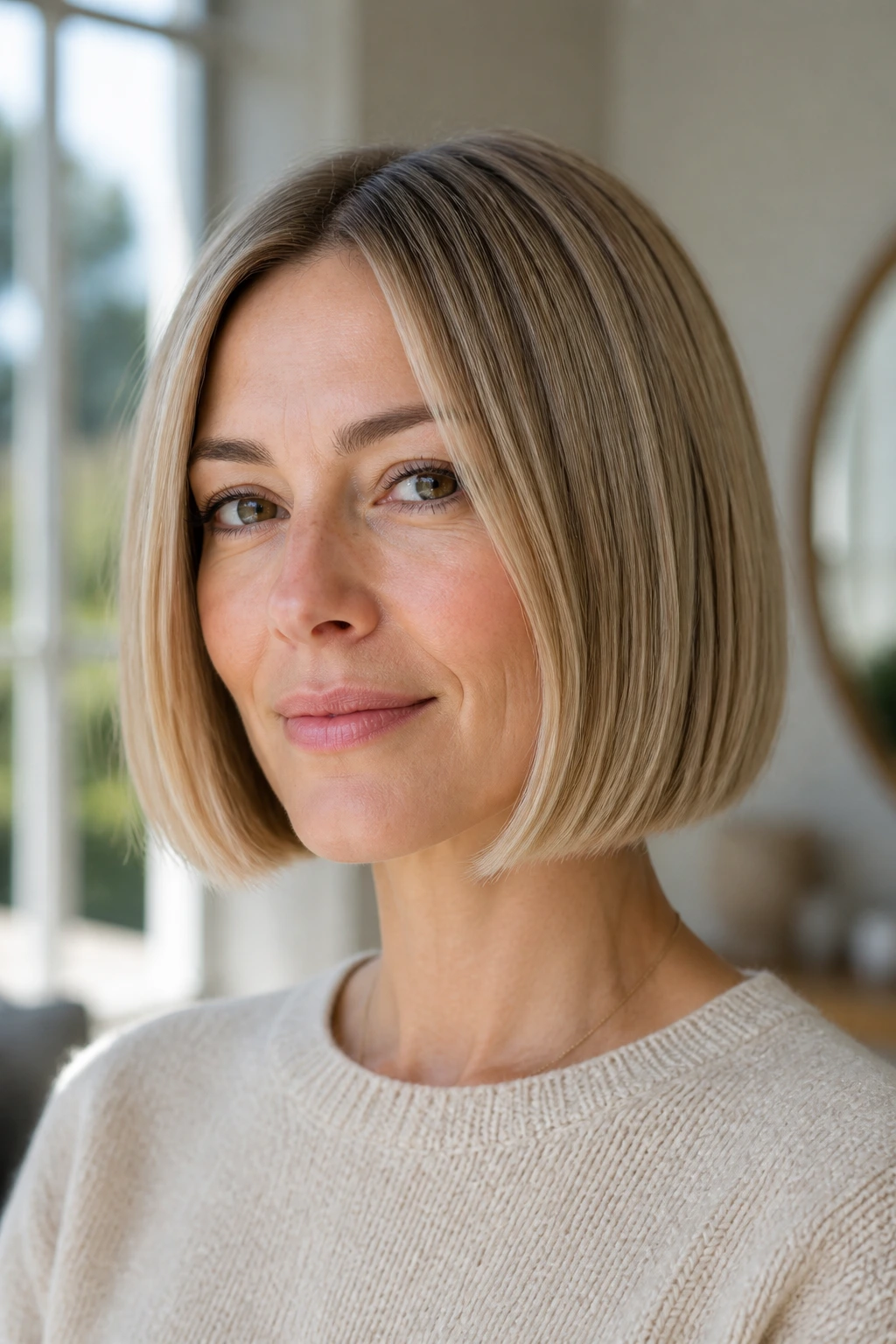 Close-up portrait of a woman with a fine-hair bob and a strong baseline, chin-length blunt cut