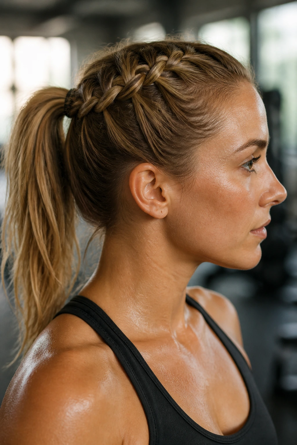 Close-up of fine-hair model with compact French braid ponytail in gym