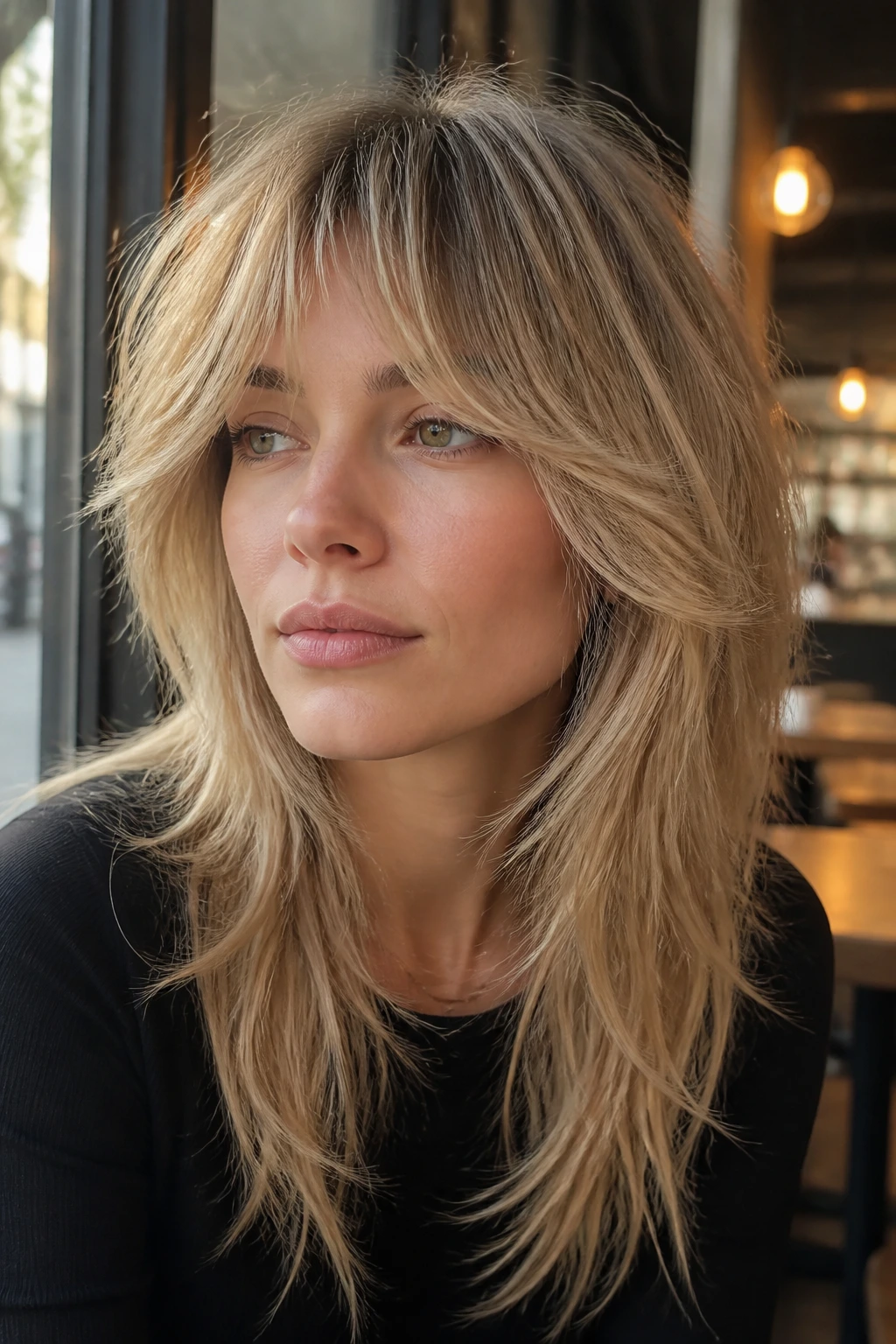 Close-up portrait of a real person with fine-hair butterfly wolf cut
