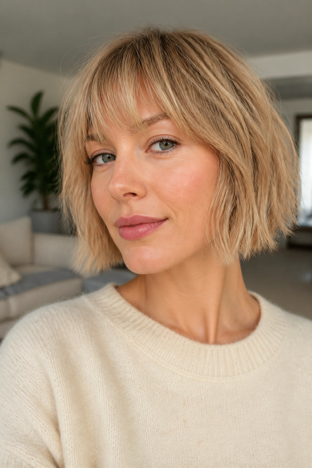 Portrait of a person with a fine-hair choppy bob and light bangs
