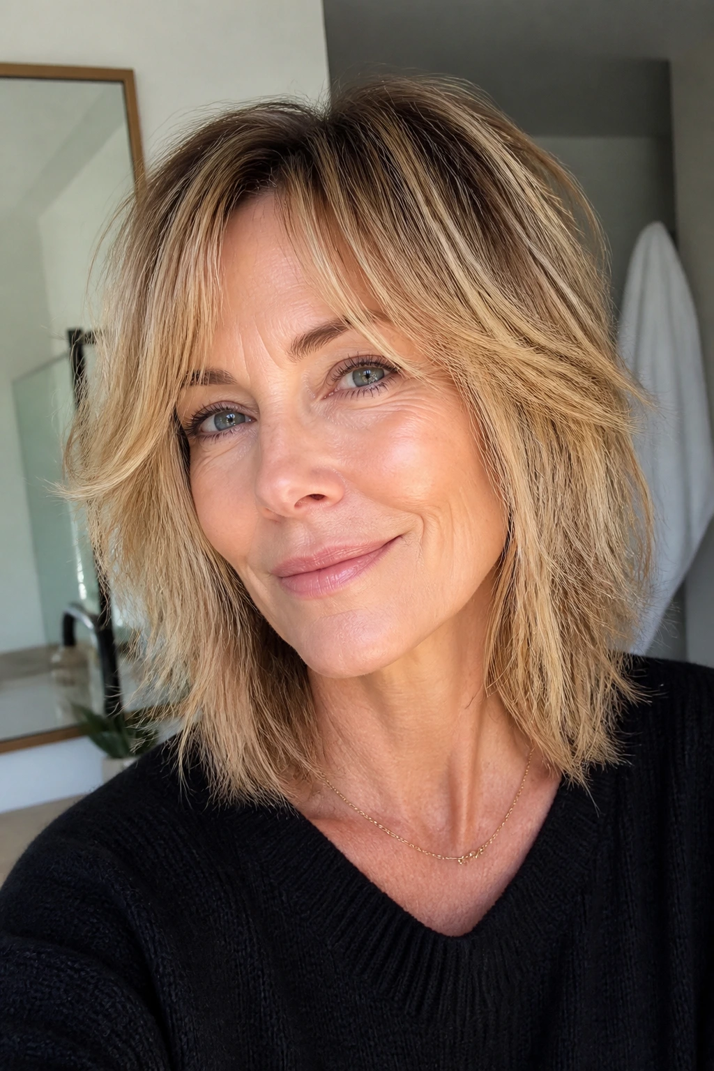 Close-up of a real woman with fine hair and choppy layers
