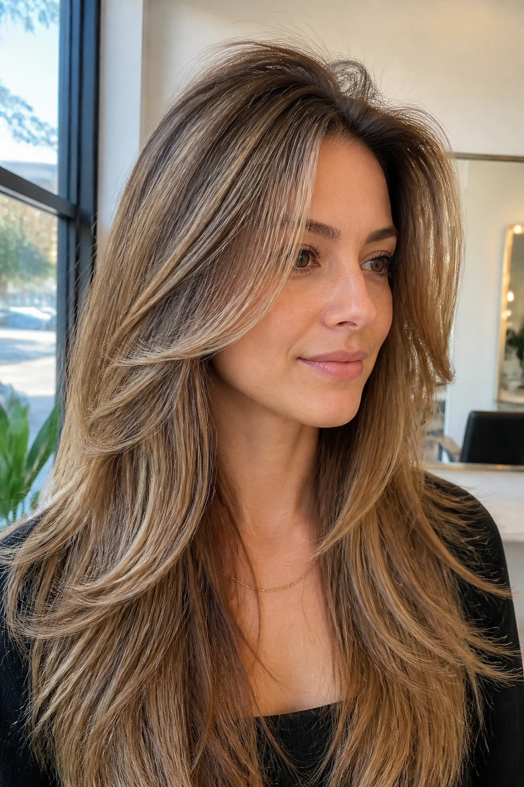 Close-up of a real woman with fine hair showing crown lift from butterfly cut