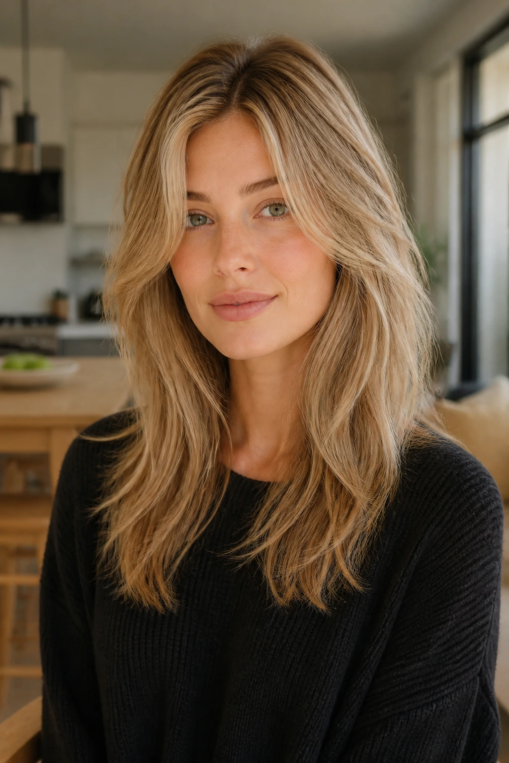 Portrait of a real person with long shag for fine hair and crown lift