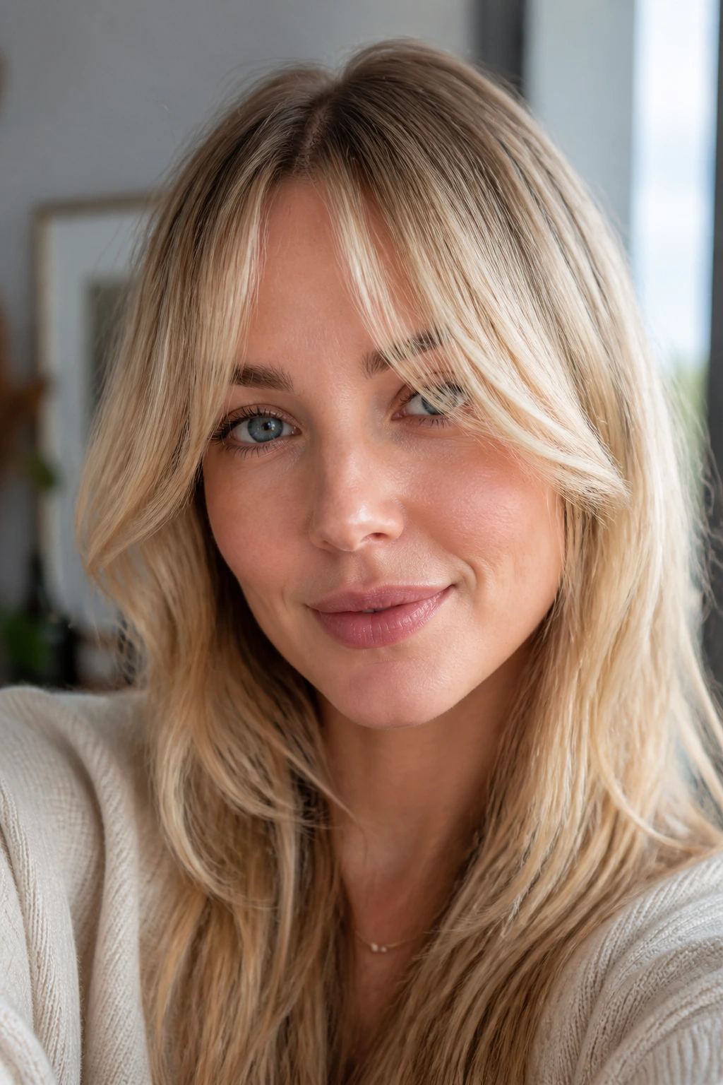 Close-up portrait of a real woman with fine-hair curtain bangs