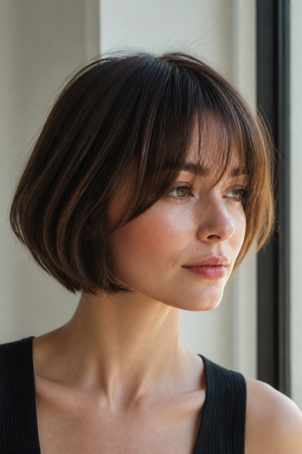Real woman with fine-hair French bob and soft blended bangs in natural light