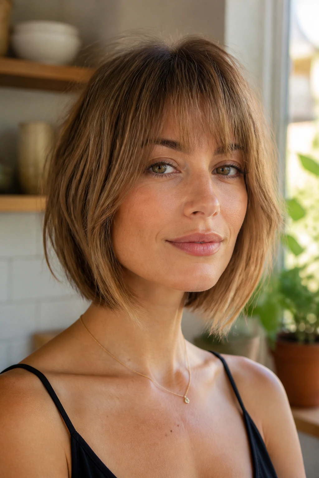 Portrait of woman with feathery bangs and fine-hair French bob in sunlit kitchen