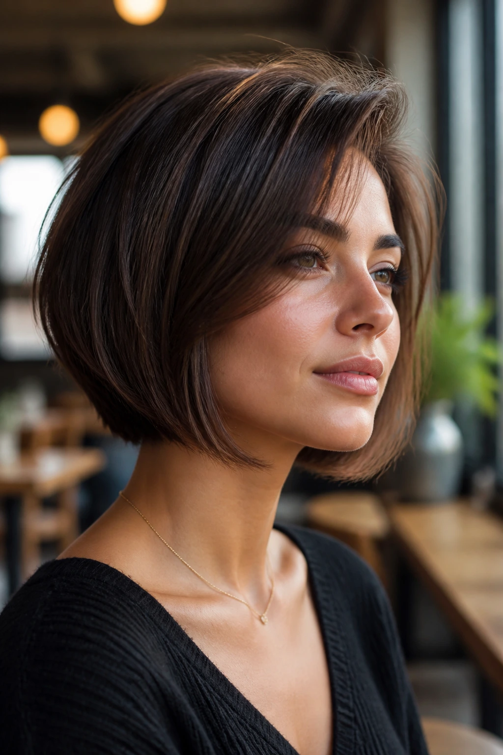 Real woman with fine-hair Italian bob showing subtle hidden layers