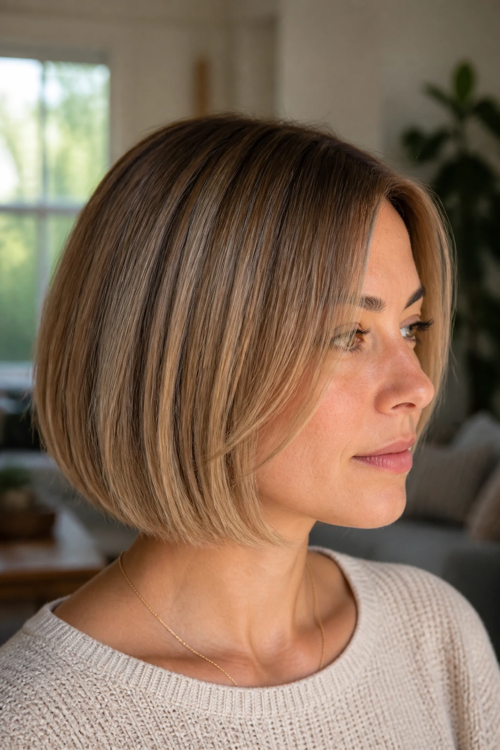 Real person with layered fine-straight bob in living room light.