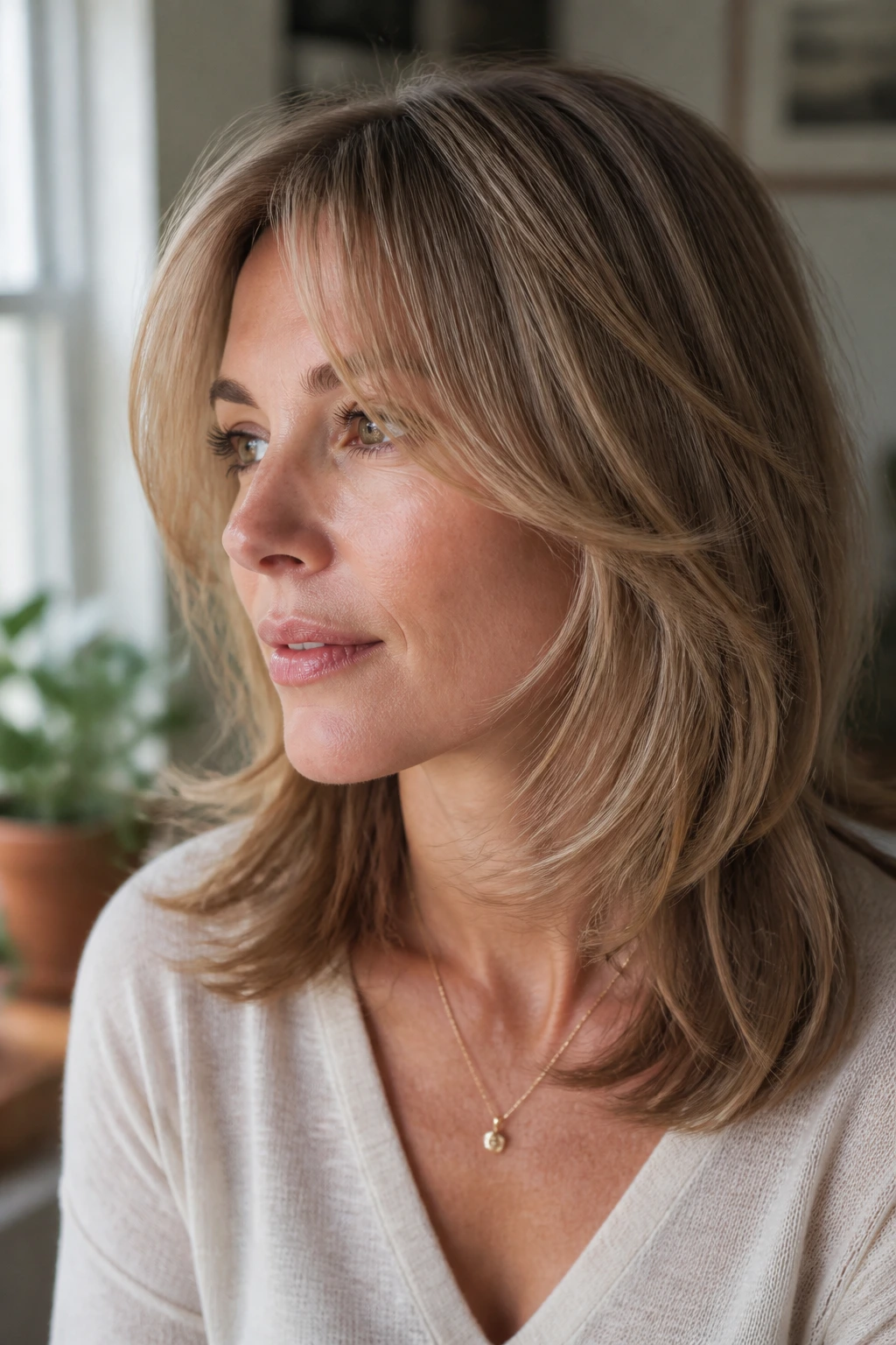 Portrait of a real person with fine, airy layered hair