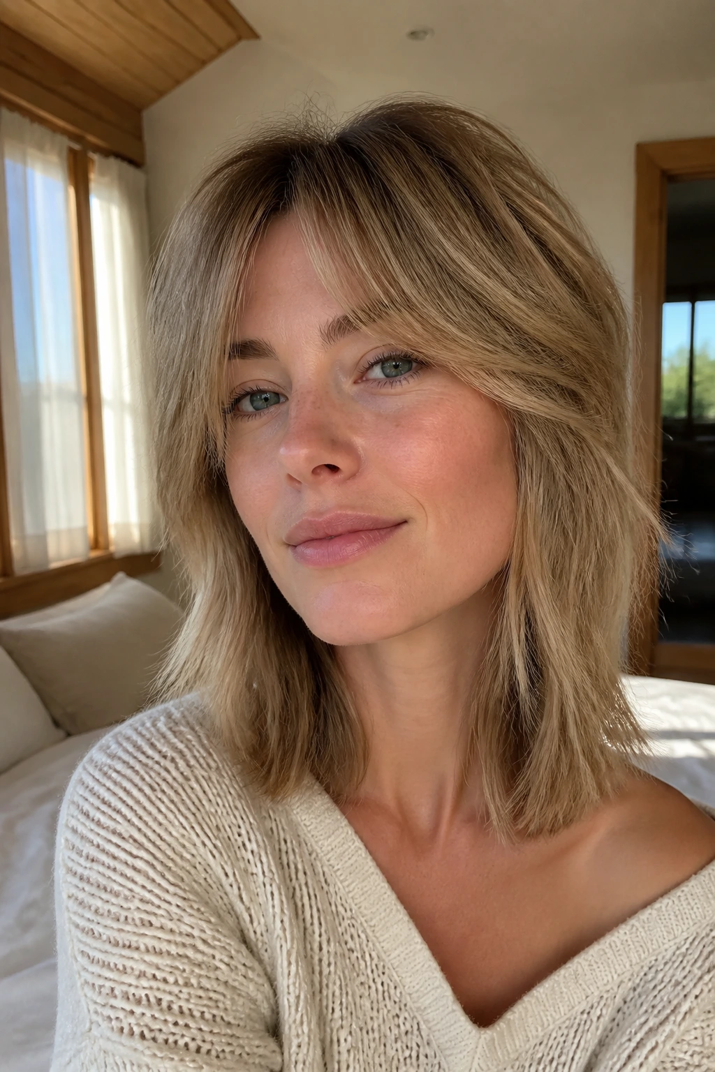 Close-up of a real woman with fine-hair shag adding crown lift
