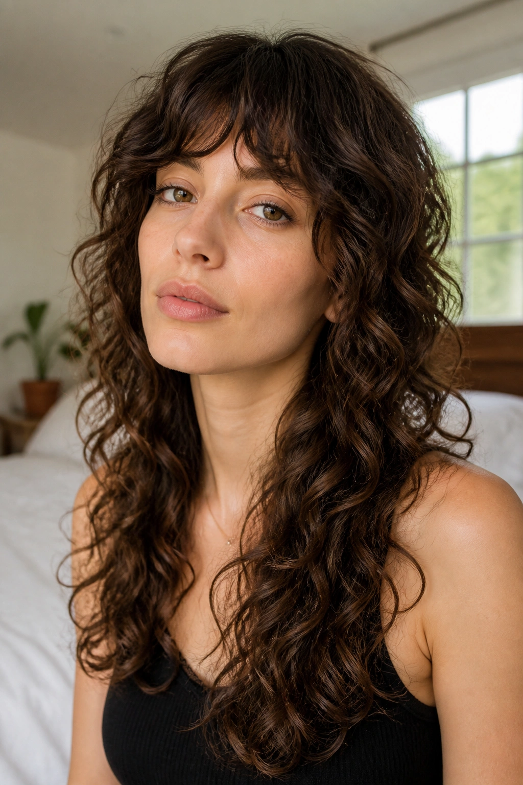 Portrait of real woman with fine curls in a long curly shag hairstyle.