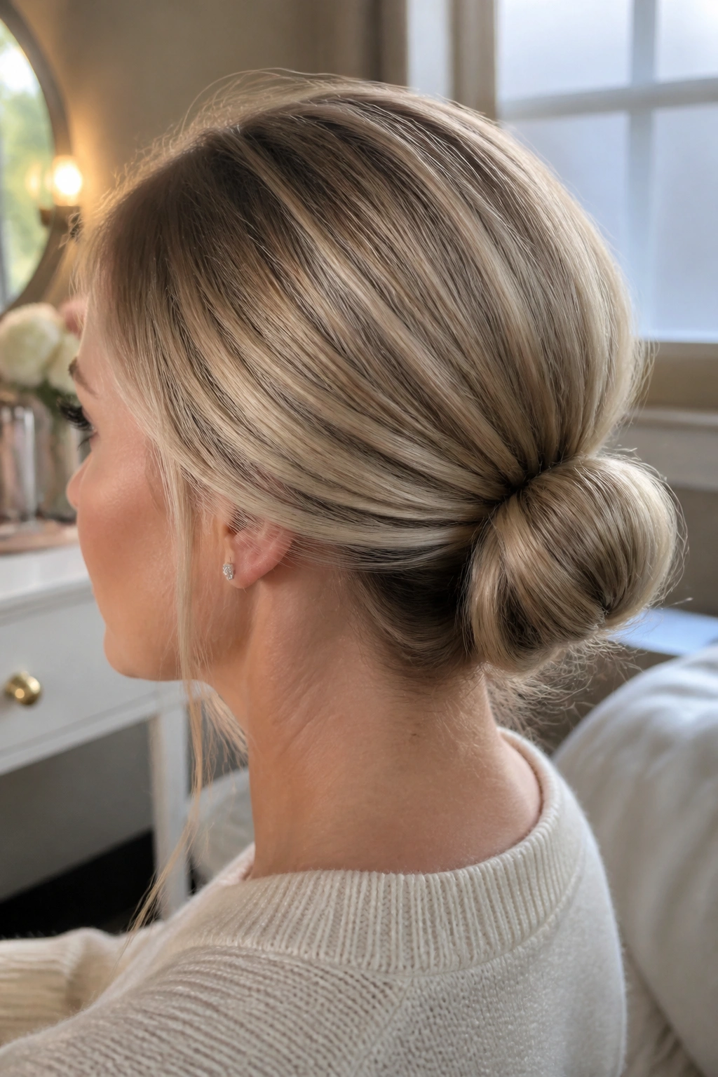 Close-up of a real woman with a fine hair low bun, lightly teased crown and donut for structure.
