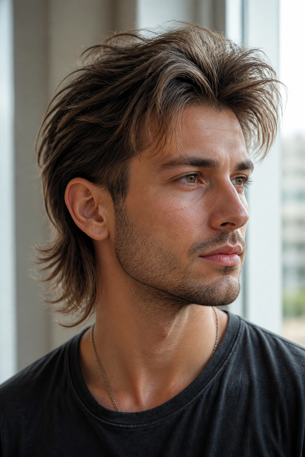 Man with fine hair mullet with root lift in bright window-lit room