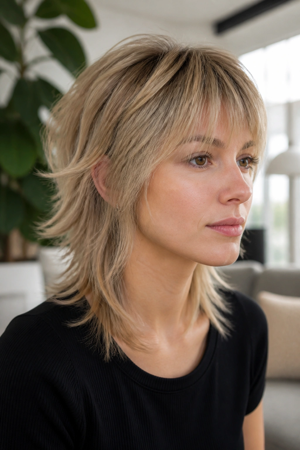 Close-up portrait of a real woman with fine hair mullet shag feathered ends in natural indoor light