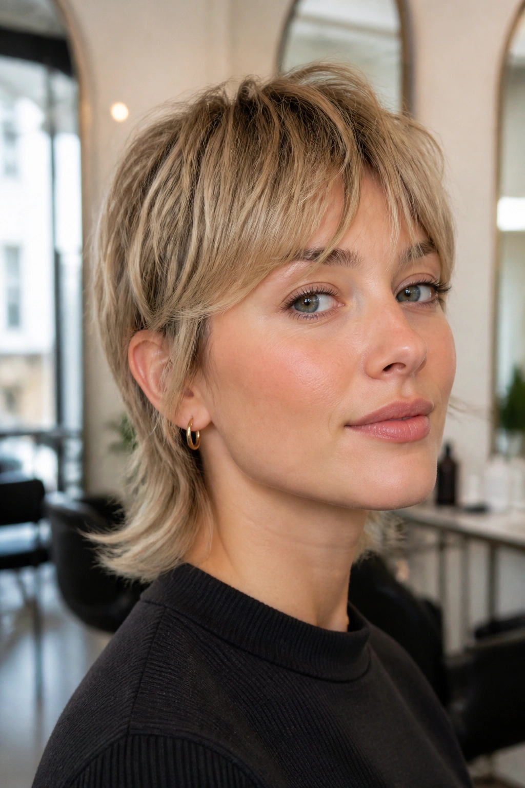 Close-up portrait of a real woman with a fine-hair mullet and lifted crown.
