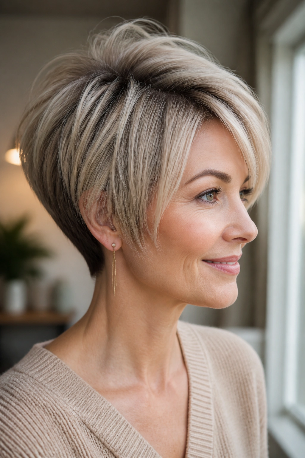 Close-up of real woman with fine-hair pixie bob and crown lift.