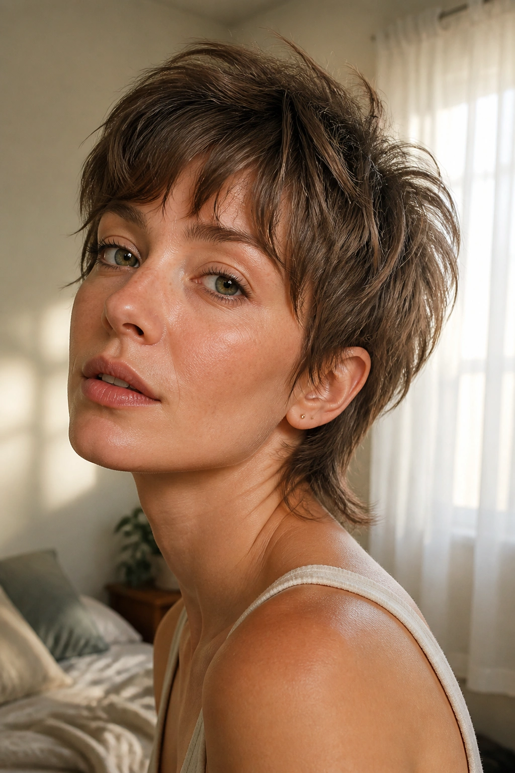 Portrait of a real person with fine-hair volume pixie mullet in a sunlit bedroom