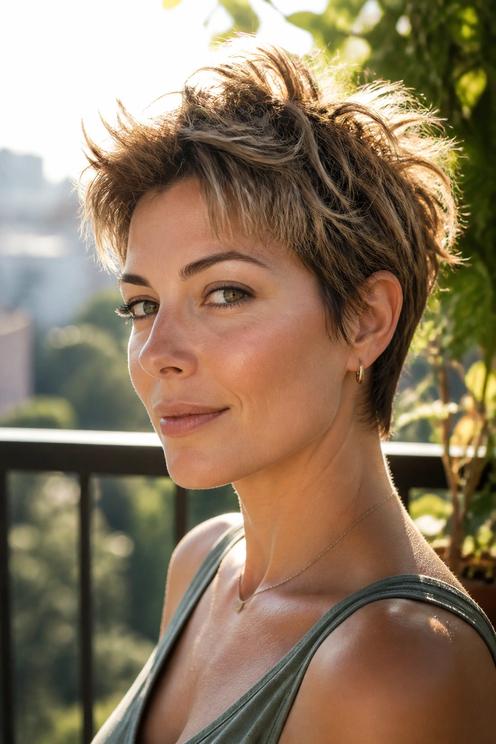 Close-up portrait of a real person with fine-hair lifted pixie wolf on a sunlit balcony
