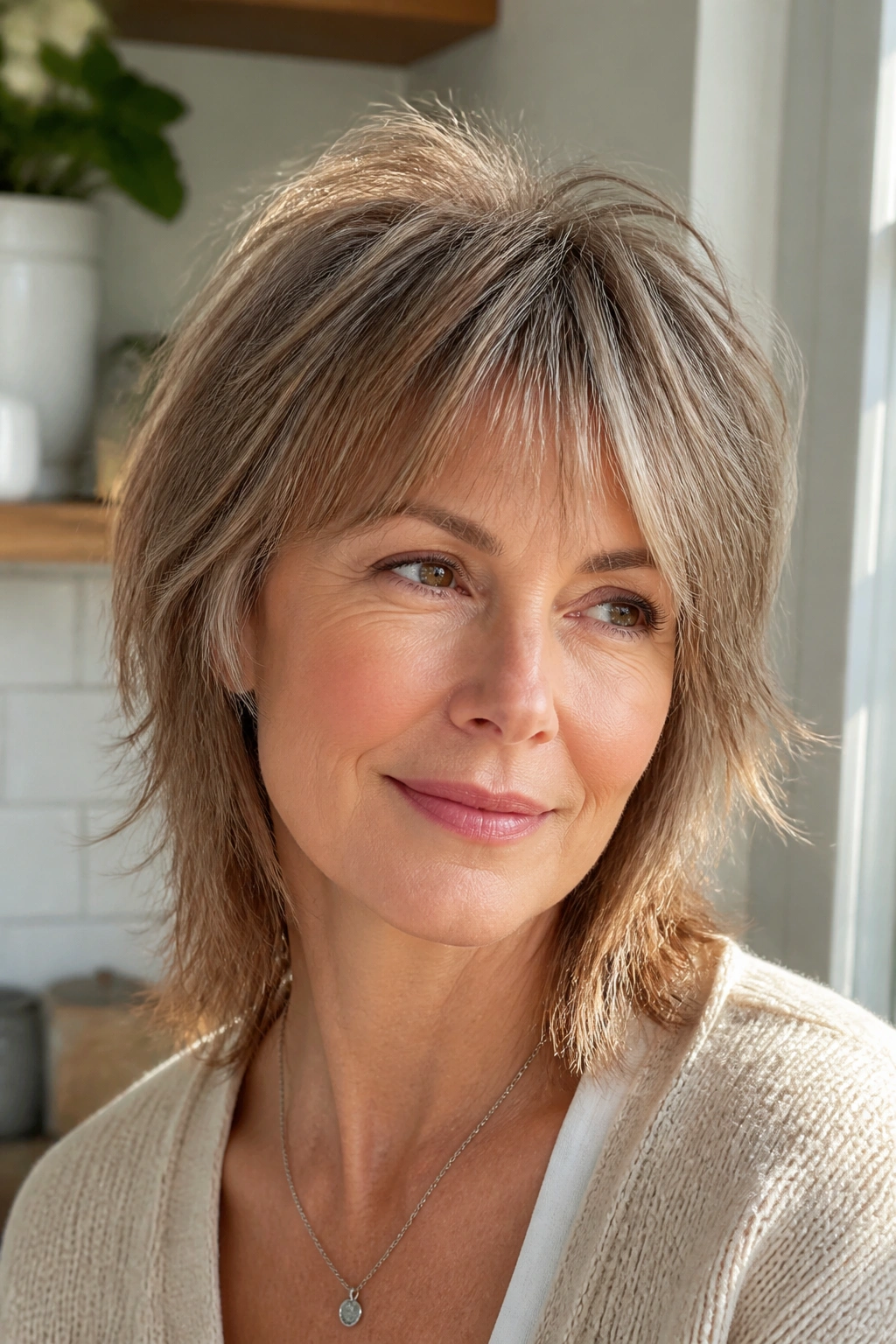 Close-up of a real woman with fine-hair shag and light crown layers.