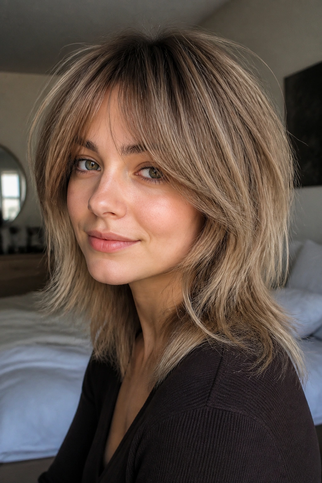 Real woman with fine-hair shag showing soft crown layers and fuller bangs