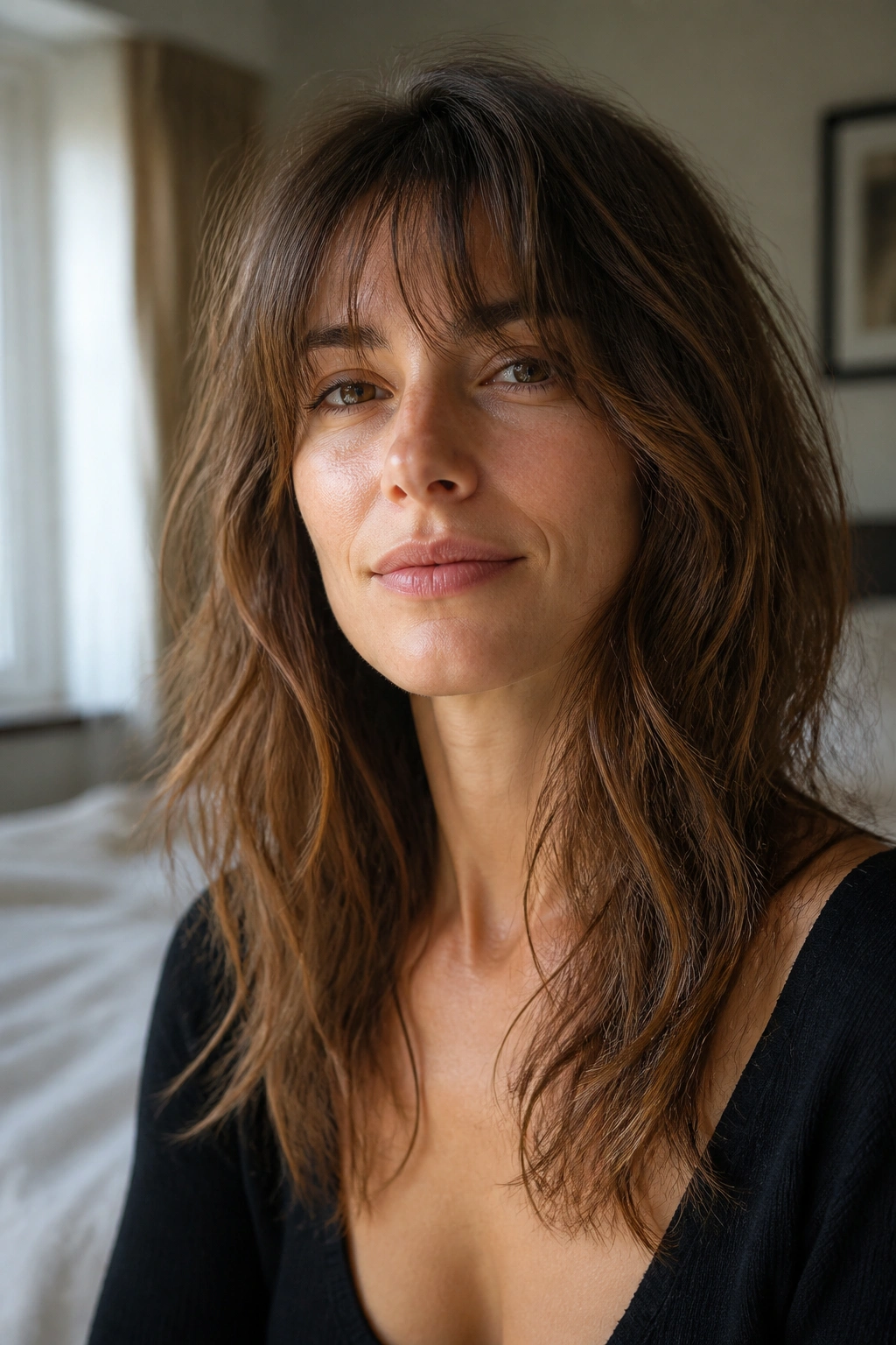 Portrait of a woman with fine-hair shag and gentle layers in soft window light