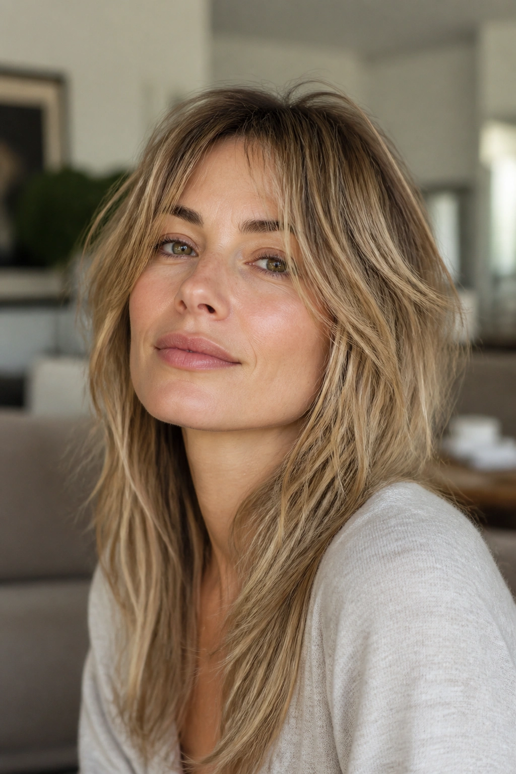 Portrait of a real woman with fine hair featuring lifted crown in a long shag