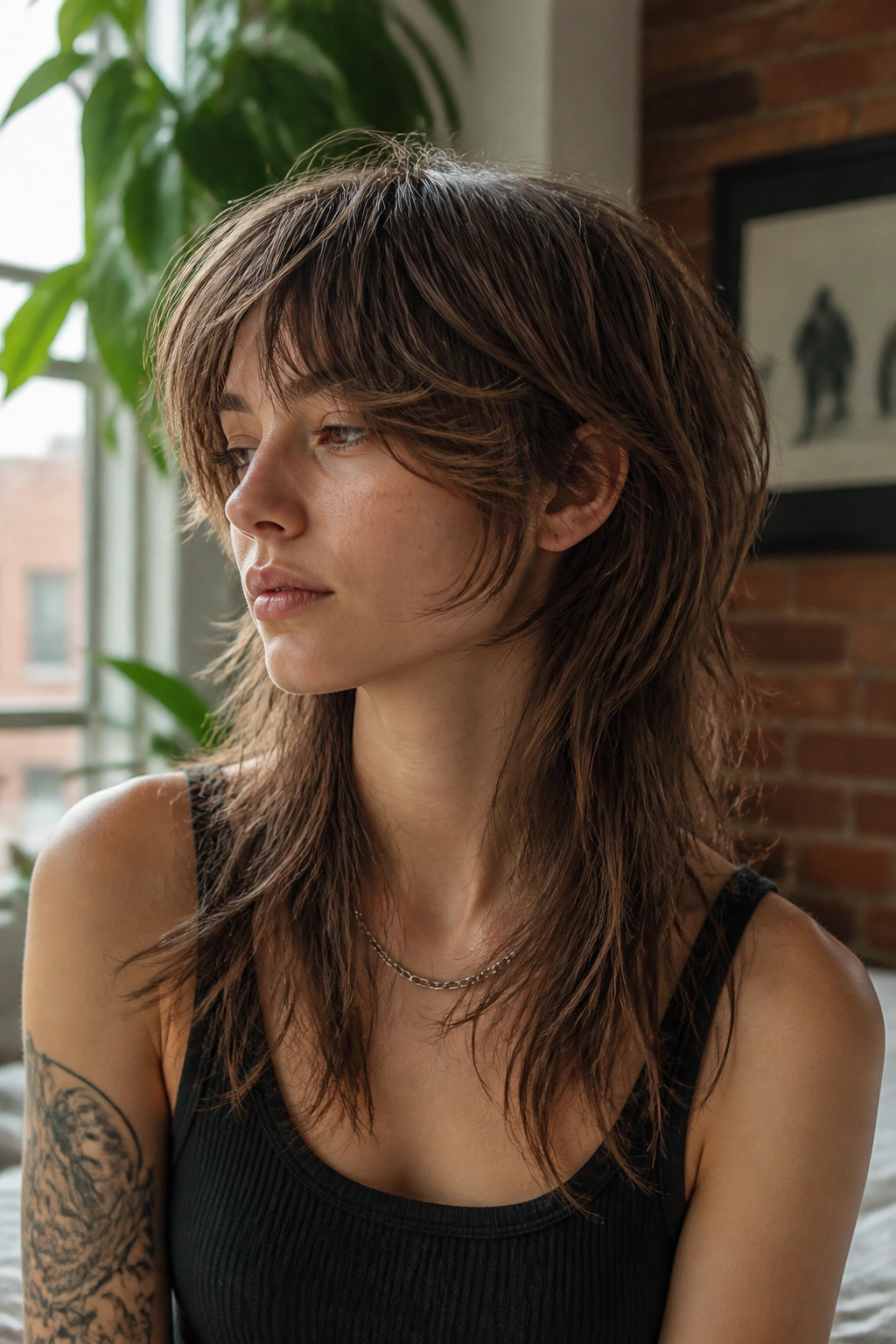 Close-up portrait of a real person with fine hair styled into a long shag mullet with lifted crown and feathered fringe.