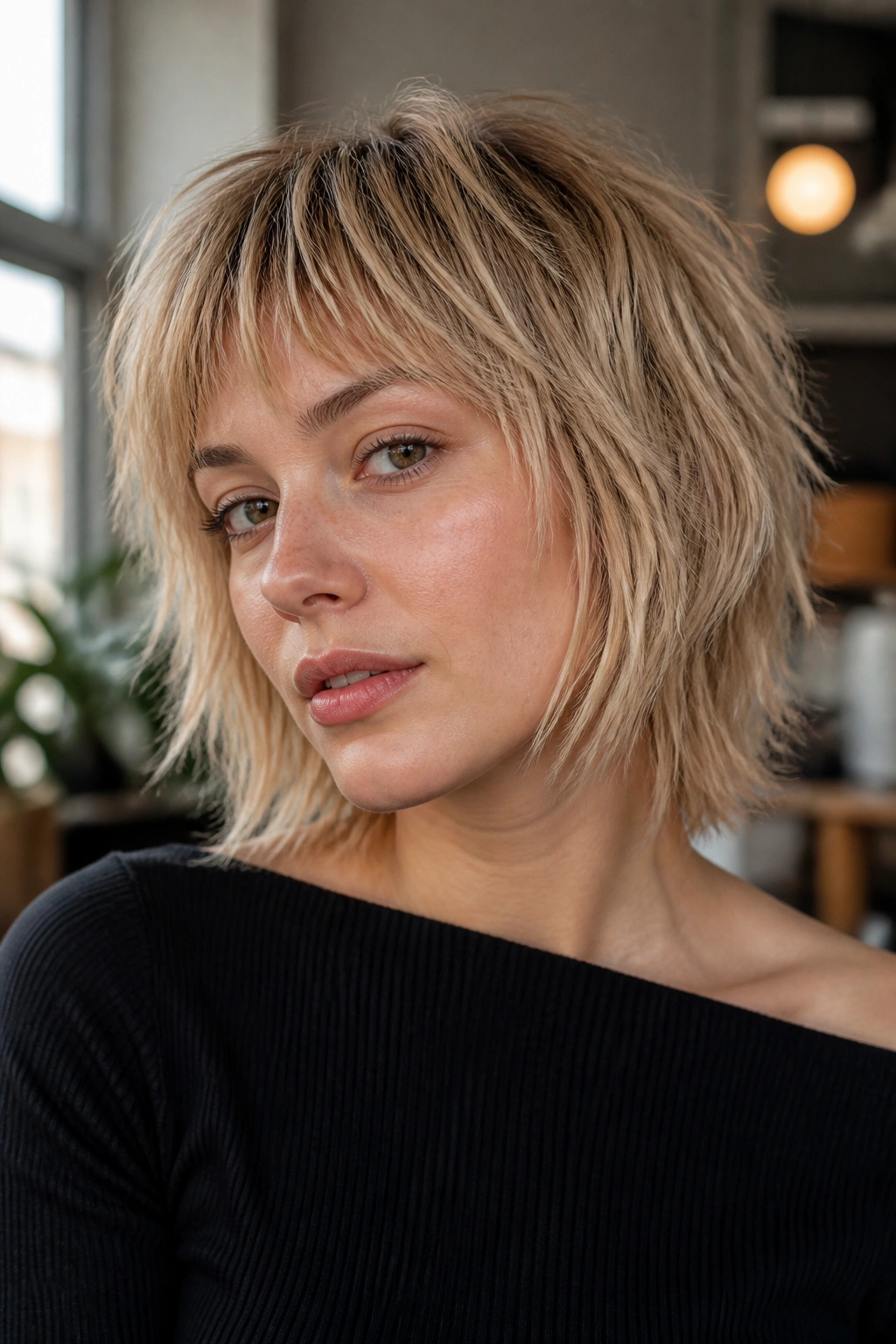 Close-up of a real person with fine-hair shag and micro fringe