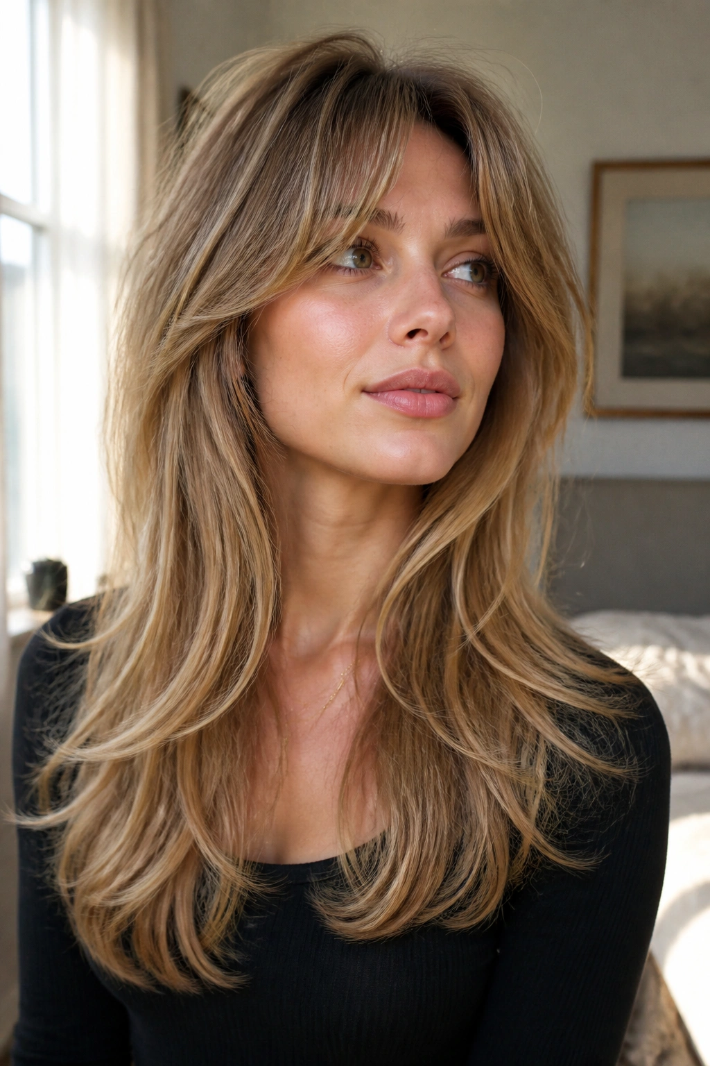 Close-up of real woman with fine-hair shag showing soft volume and crown lift.