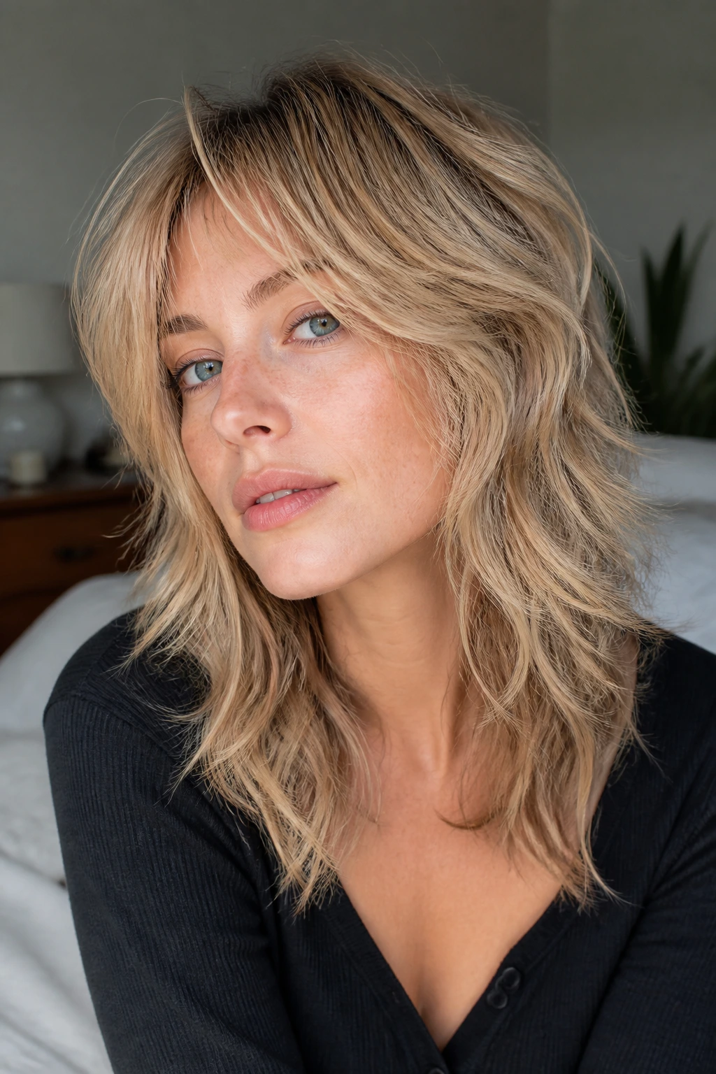 Close-up of a real person with wispy layered fine-wavy hair.