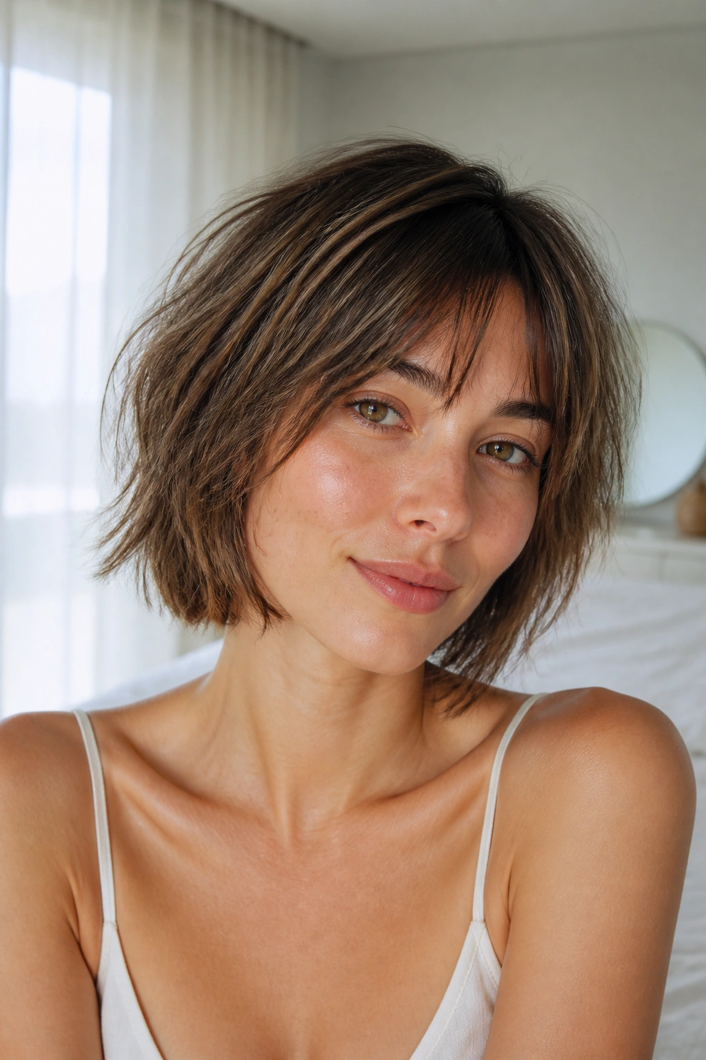 Real woman with fine-hair shaggy bob in airy bedroom