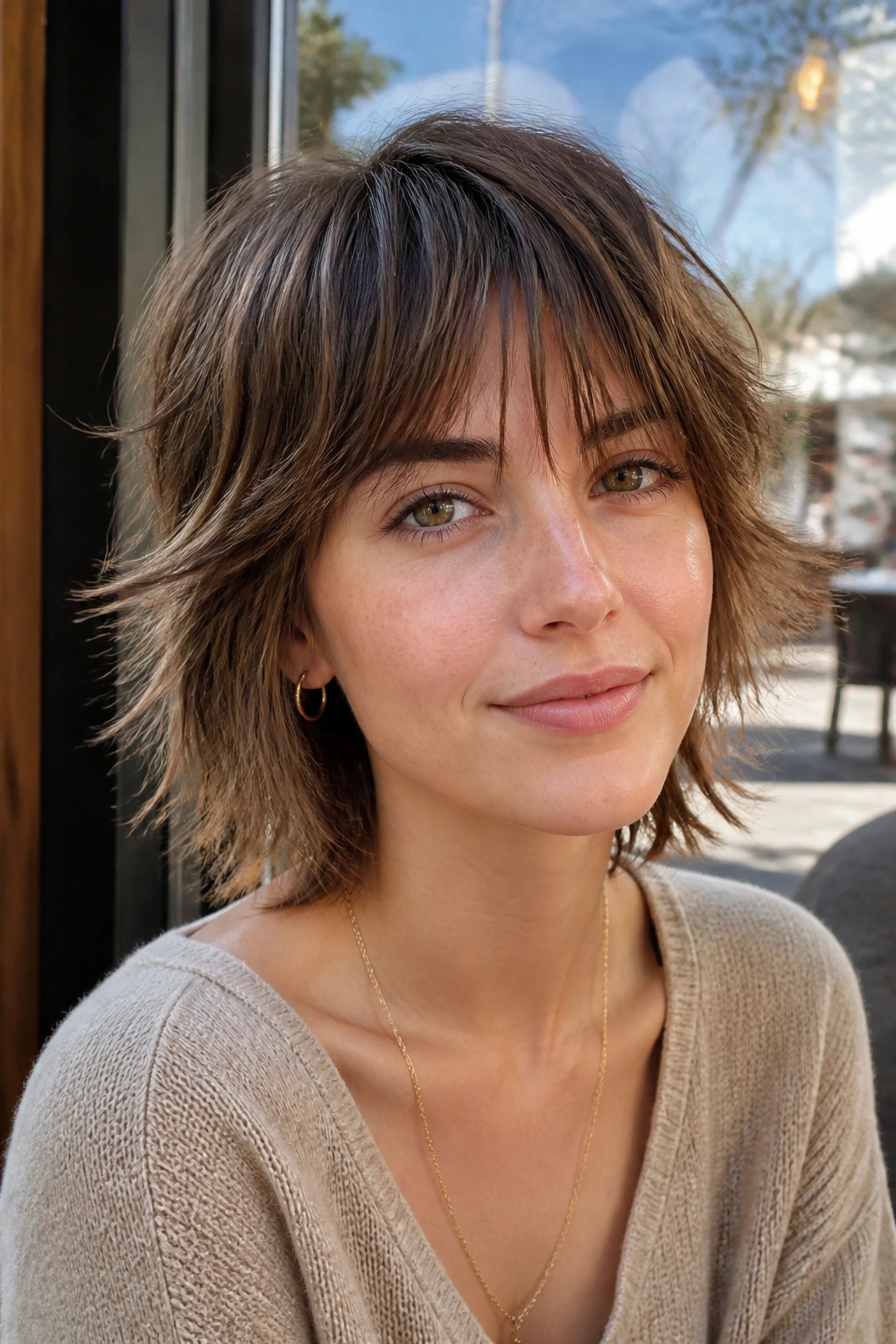 Close-up portrait of a real person with fine-hair short shag featuring razored ends and airy fringe in natural daylight.