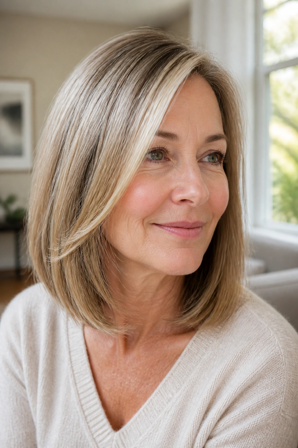 Close-up portrait of a real woman showing fine-hair shoulder cut with internal layers