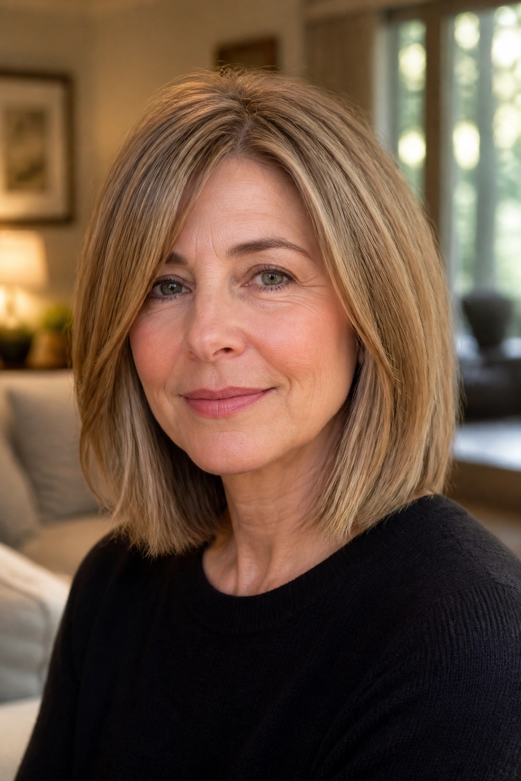 Real woman shows blunt shoulder-length fine hair with light lift at crown