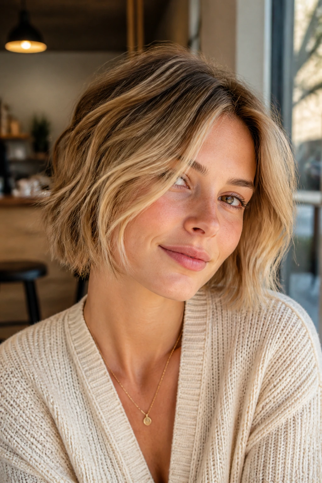 Close-up of a real woman with a chin-length sliced bob in a sunlit cafe setting