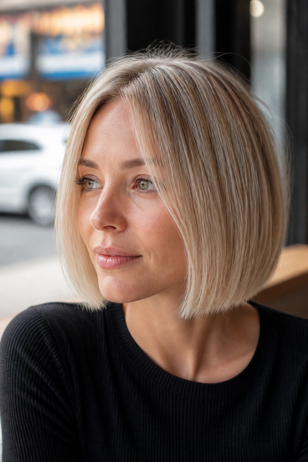 Portrait of a real person with a fine-hair sliced bob showing blunt edge with slight bend