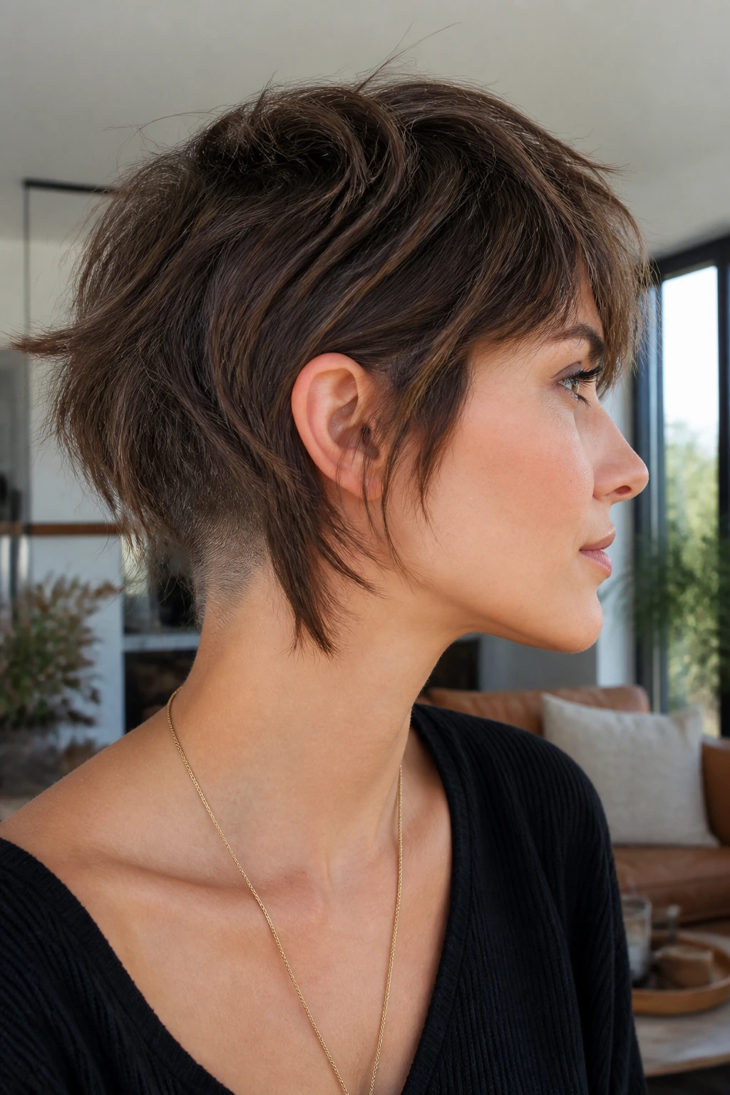 Close-up portrait of a real person with fine-hair undercut shag showing lift and movement