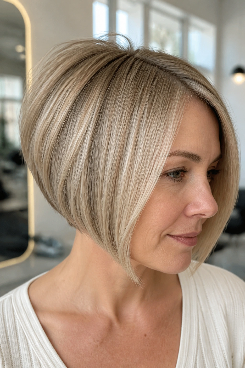 Close-up of a real woman with fine-hair volume angled bob in bright salon light